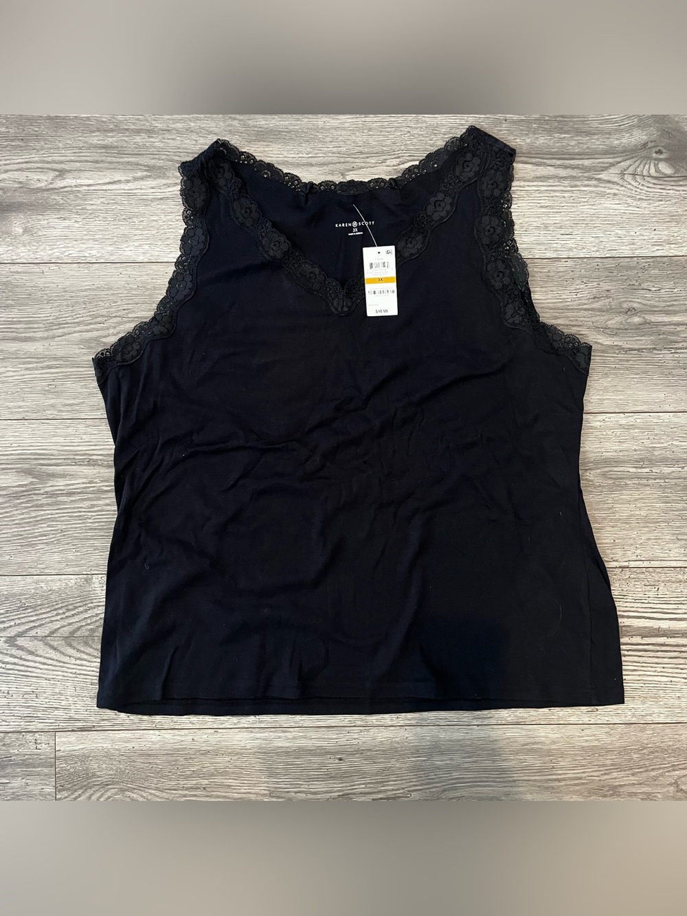 Karen Scott Women’s Plus Lace Trim Tank Top Black 3X NWT Cotton Fancy Layering